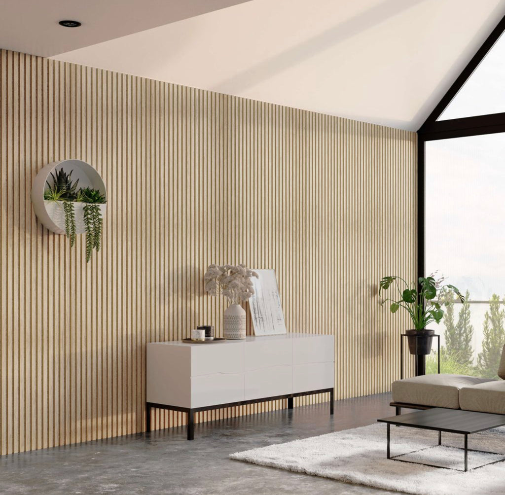 Slat Wall Acoustic Panel Natural Oak Grey Felt 240cm x 60cm - Treesy Green