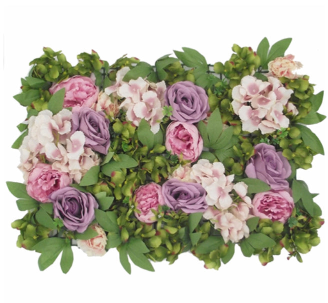 FLOWER WALL WITH PEONIES HYDRANGEAS ROSES AND FOLIAGE 60cm X 40cm LILAC/PINK/GREEN - Treesy Green